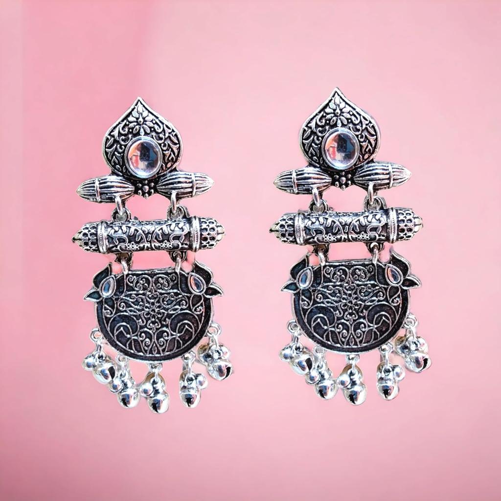 Presents Ethnic Black Long Oxidized Hoop Earrings Set Lightweight Jhumki Jhumkas for Women Silver & Black Metal Designer Earrings for Girls