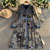 Spring Autumn Women Vintage Print V-neck Denim Patchwork Long Midi Casual Dresses