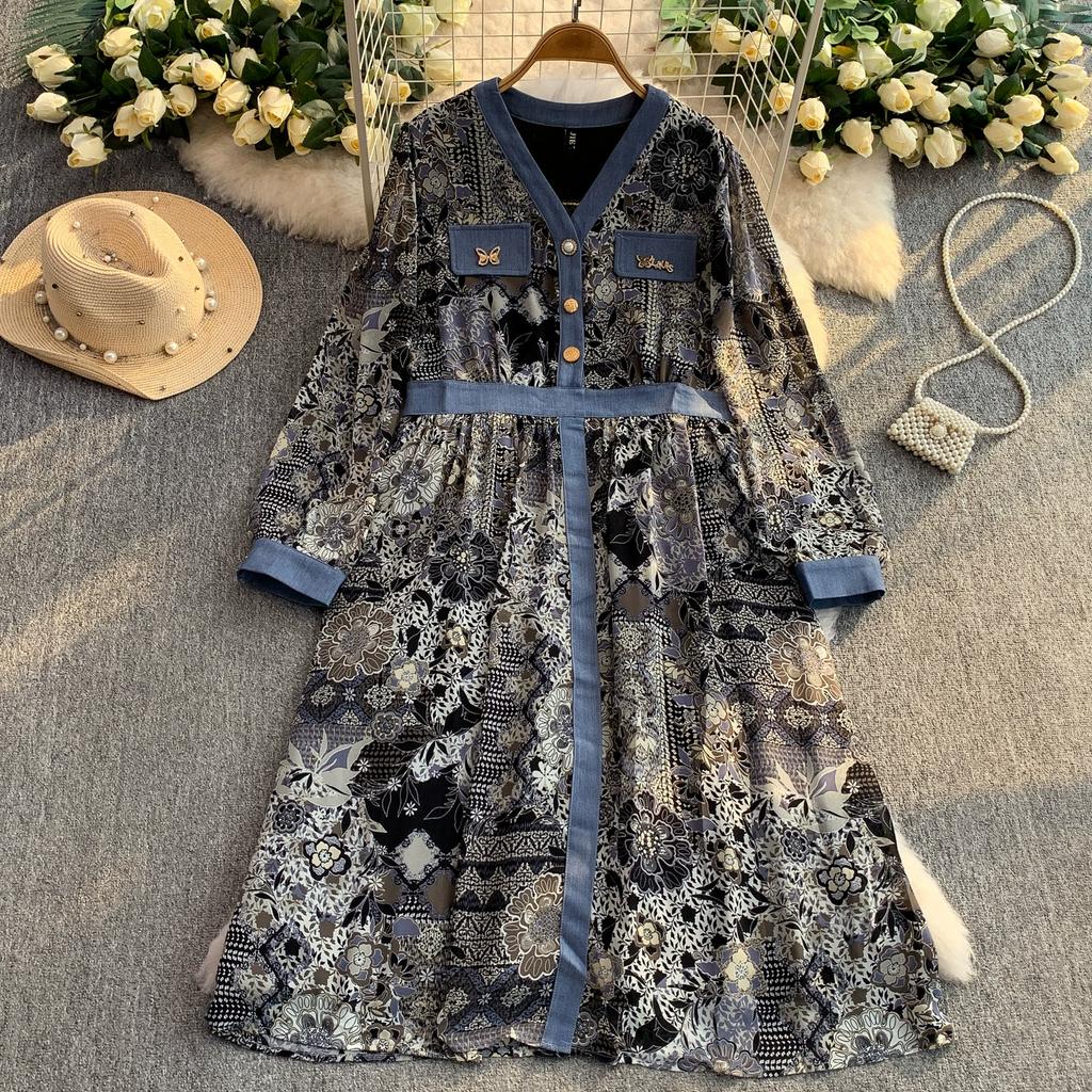 Spring Autumn Women Vintage Print V-neck Denim Patchwork Long Midi Casual Dresses