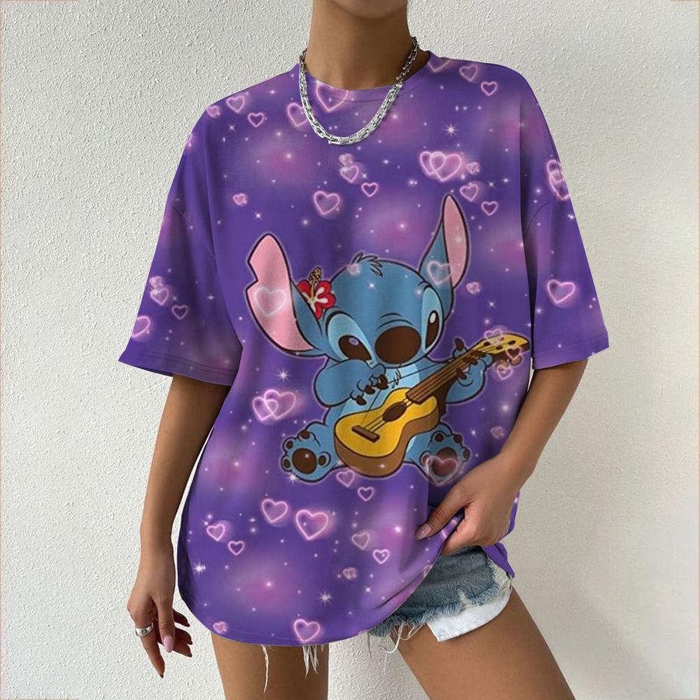 Kawaii Women's T-shirt Disney Lilo&Stitch Casual Y2k T-shirt Round Neck Short Sleeved T-shirt 2025 Summer Women's Clothing