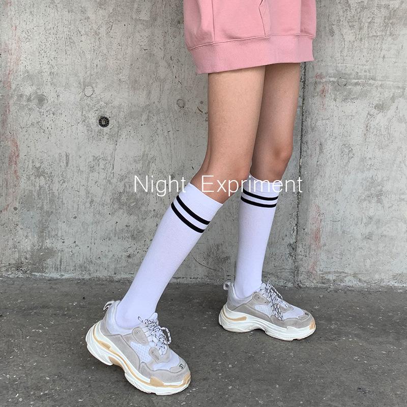 Color Matching Socks Women'S Ins Trendy And Versatile Autumn Black And Gray Spliced Knee Socks High Value Mori Black Calf Socks