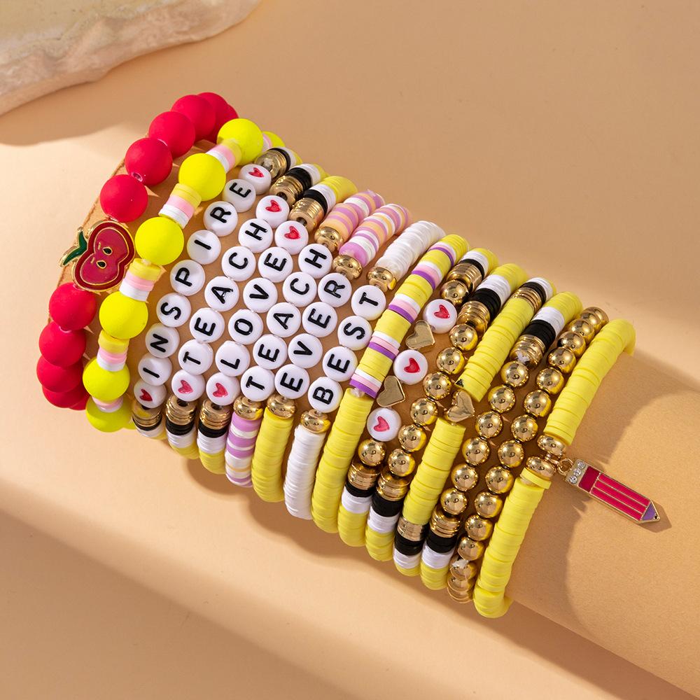 Europe and the United States hot-selling jewelry set Teachers' Day love apple letter soft pottery bracelet back to school stacked bracelet