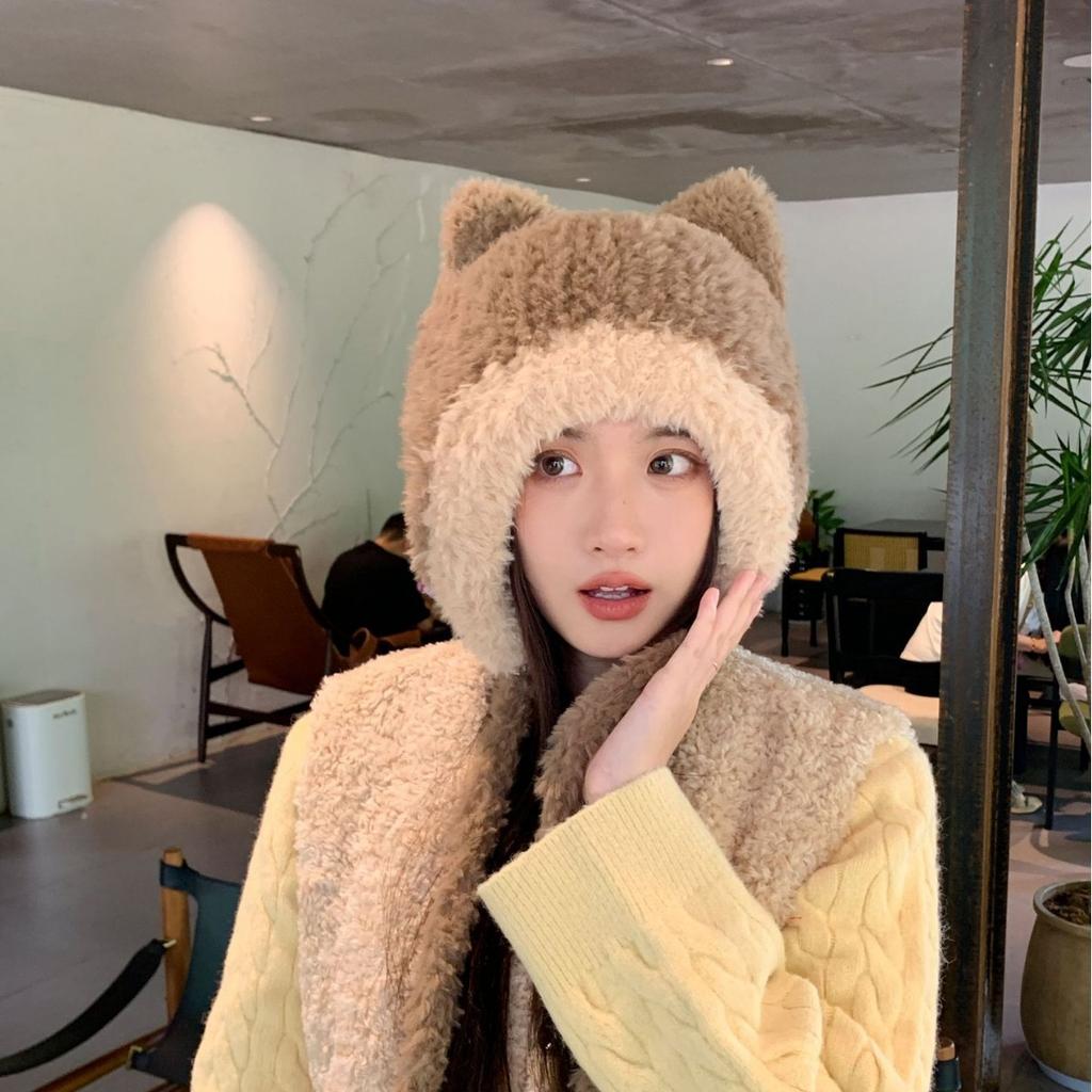 Bear Plush Knitted Hat Women'S Autumn And Winter Warm Versatile Ear Protection Wool Hat Showing Face Small Casual Cute Bald Hat