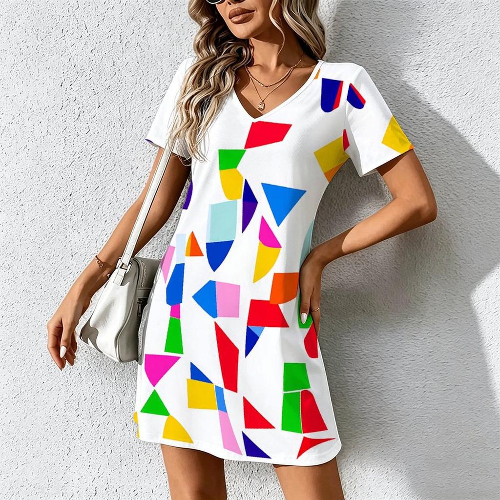 Mode d'été pour femmes Robe à col en V à manches courtes avec imprimé géométrique rétro Jupe courte sexy Robes