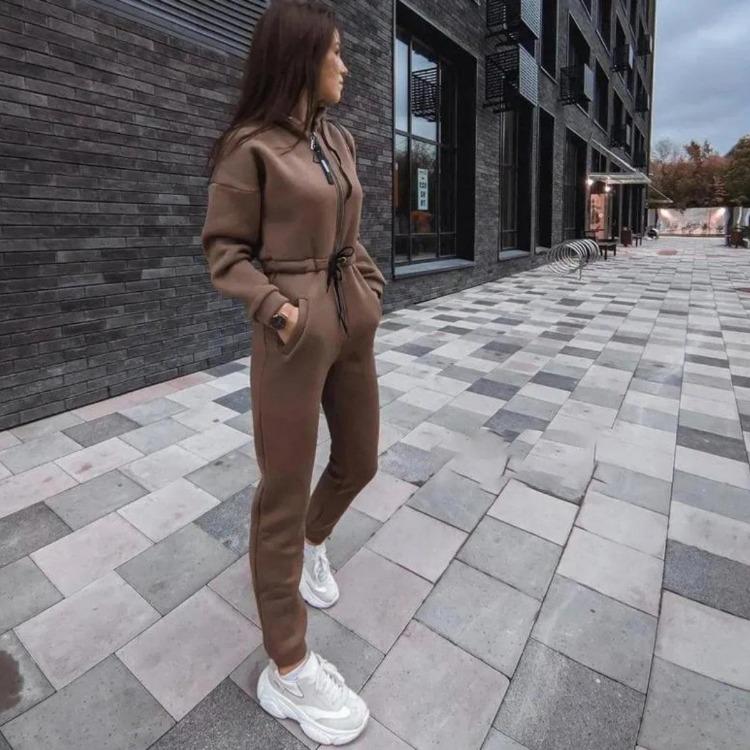Women Hooded Jumpsuit Long Sleeve V Neck Solid Color Wide Leg Pants Suit Loose Autumn Winter Top