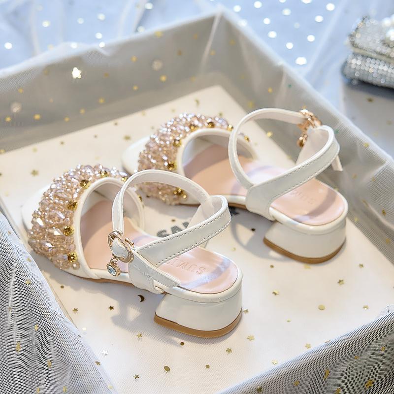 Girls' sandals princess shoes2026New Summer Chunky Heel Beaded Crystal Performance Catwalk Beach Children's High Heels