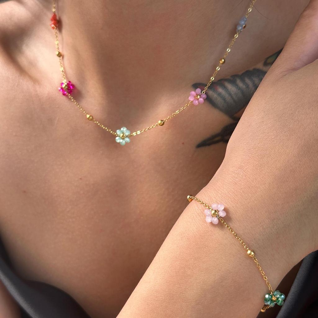 Rosa Blume Titanstahl Halskette, Taillenkette und Fußkettchen Set mit Farberhalt
