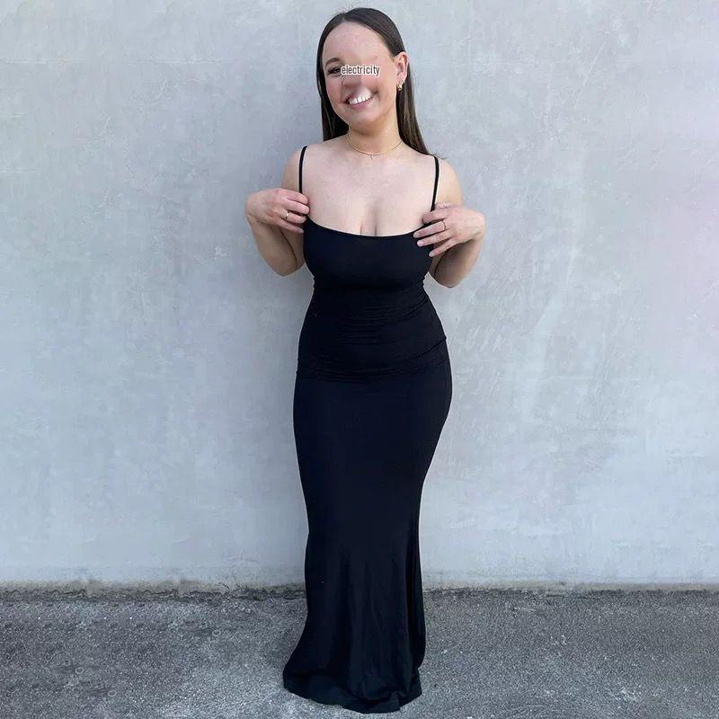 European American SKIMS Solid Color Slimming Spaghetti Strap Mermaid Bodycon Dress