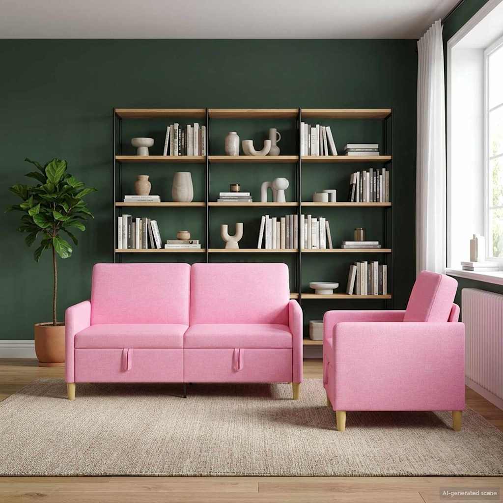 2 Piece Storage Sofa Set in Pink Polyester