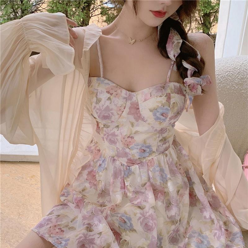 Suit Women's Summer New Sunscreen Cardigan + French Waist Temperament Floral Suspender Dress Two-piece Set