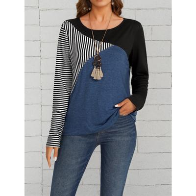 Damski jesienno-zimowy T-shirt w paski i z blokami kolorów