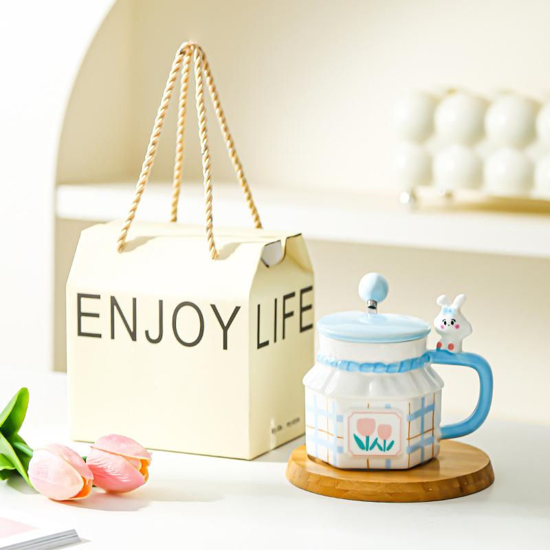Tulip Rabbit Flower Couple Mug Creative High Value Home Office Ceramic Cup Coffee Cup with Lid