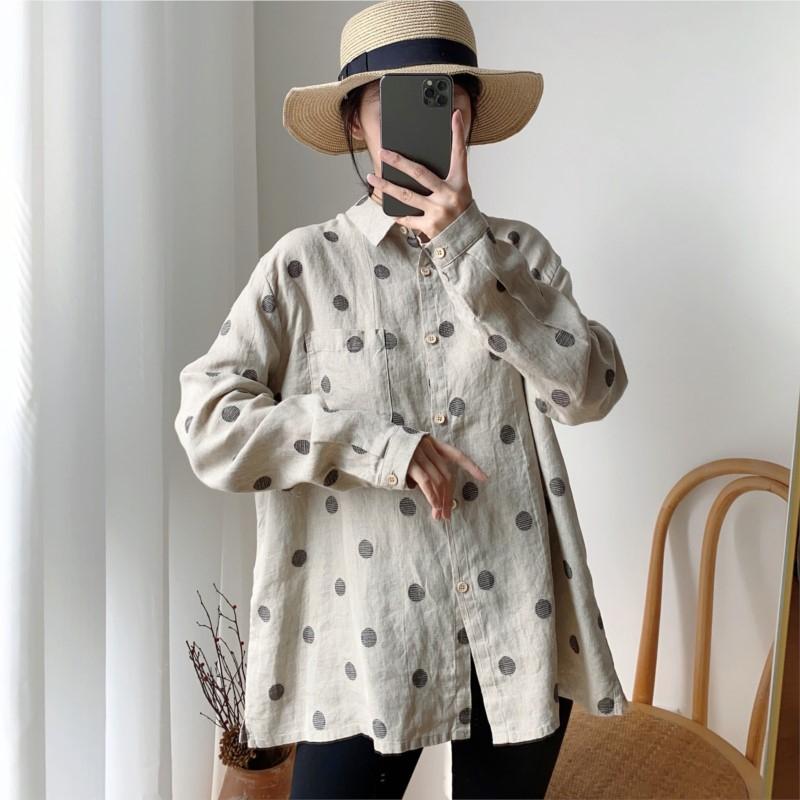 Johnature Summer Vintage Wave Point Women Tops Shirts Casual All Match Turn-down Collar Sun Protection Blouses