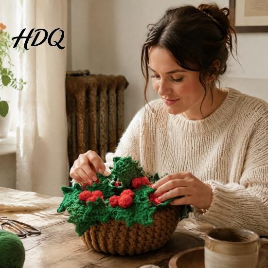 Festive Christmas Home Decor Crochet Cup Coasters with Mini Basket Handmade Holly Plants Soft Yarn for Hand Knitting Berries Mat Set Drinks Tabletop