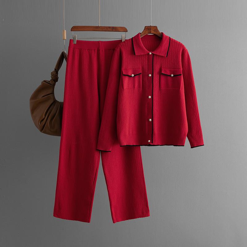French Style Knitting 2pcs Suits Women Fake Pocket Single Breasted Polo Neck Top+Long Pants Fashion Two Pieces Sets