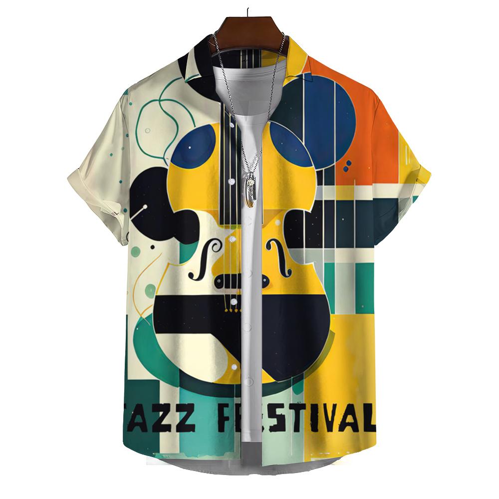 Summer Fashion Printed Shirt Men's Short Sleeve Shirt Cartoon Musical Instrument Printed Street Casual Men's Oversized Top