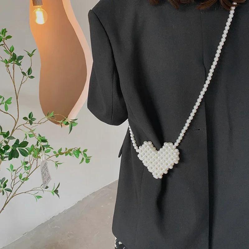 Heart Mini Bags for Women Delicate Pearl Cute Shoulder Crossbody Bag Stylish Versatile Sweet Girls Solid Leisure Holiday