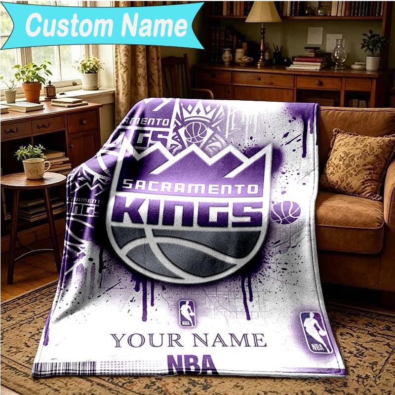 1PC Custom Name Blanket Kings Basketball Team Logo Flannel blankets Patterns Throw Blanket All-Season Soft Gift for Couch, Bed, Camping, Birthday gift