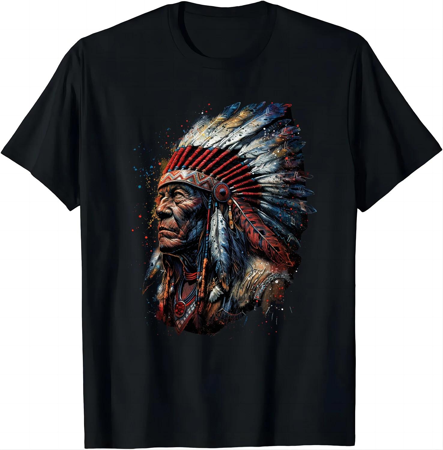

Fun Birthday Gift Native American Indian Chief American Flag T-shirt Unisex Style Shirt Original Old Style Top Design T-shirt 4XL