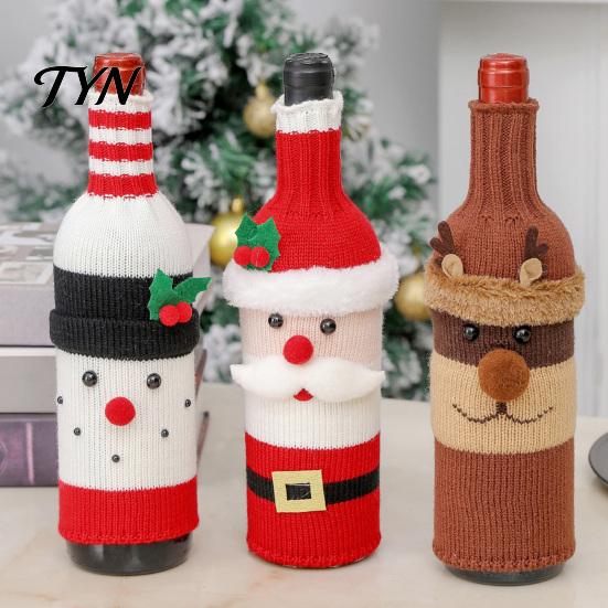 Christmas Dinner Party Favors Wine Bottle Cover, Holiday Knitted Champagne Bag, Snowman Santa Sweater Claus Elk for New Year Decoration Festive Table