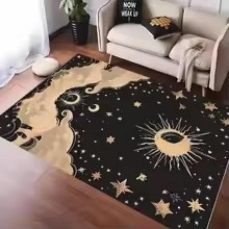 Minimalist Black Carpet Featuring Star Moon and Sun Designs Anti-slip Floor Mat for Living Room Bedroom Decor Doormat