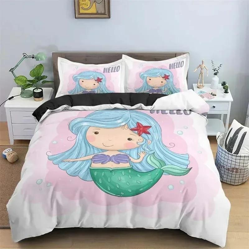 Modern Cartoon Mermaid Toddler Bedding Set Duvet Cover Sheet Printed Bed Set Pillowcase Full Queen King Size Comforter Bedroom