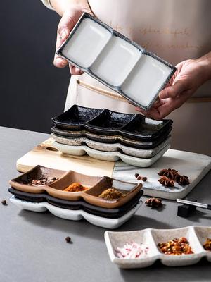 Plat à assaisonnement et à sauce en céramique à deux et trois compartiments pour barbecue, fondue et snacks