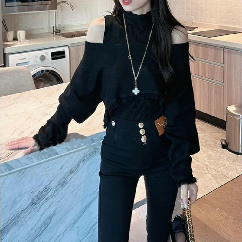 

Осенний новый стиль облегающий универсальный топ для женщин французский стиль накидка с открытыми плечами нишевый дизайн комплект из двух предметов для женщин One Size