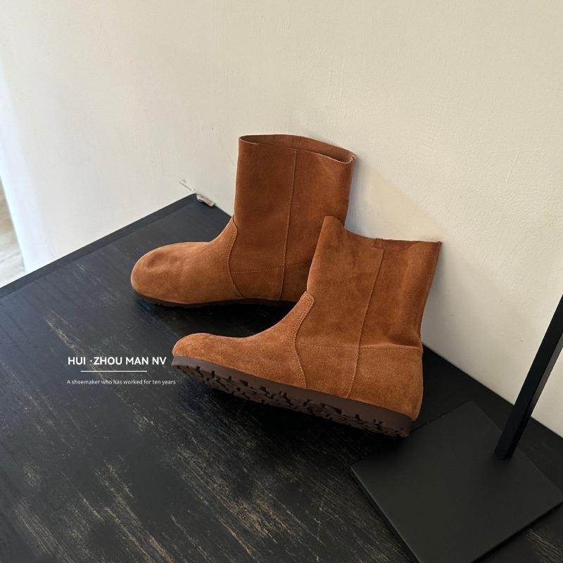 Inner Height Increase Velvet Boken Boots Leather Short Boots Women's New Retro Warm One-pedal Short Snow Boots