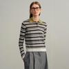 Women's 100% Wool Yangzi Knit Polo Collar Striped Retro Long Sleeve Sweater