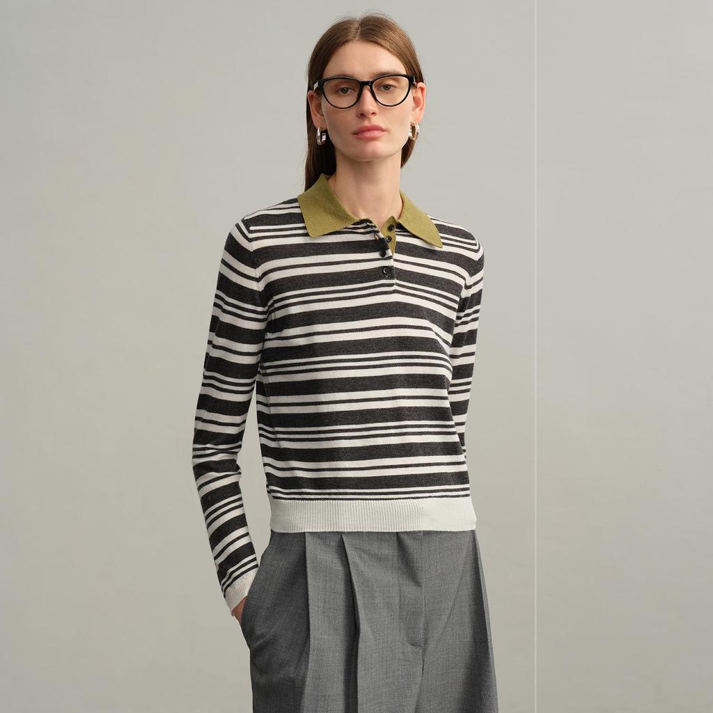 Women's 100% Wool Yangzi Knit Polo Collar Striped Retro Long Sleeve Sweater