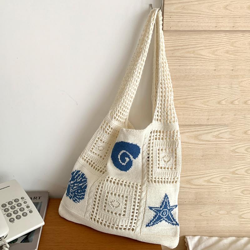 Yogodlns Nová háčkovaná taška, Kabelka s velkou kapacitou, Vyšívaná háčkovaná taška s výpletem, Korejská háčkovaná denní kabelka
