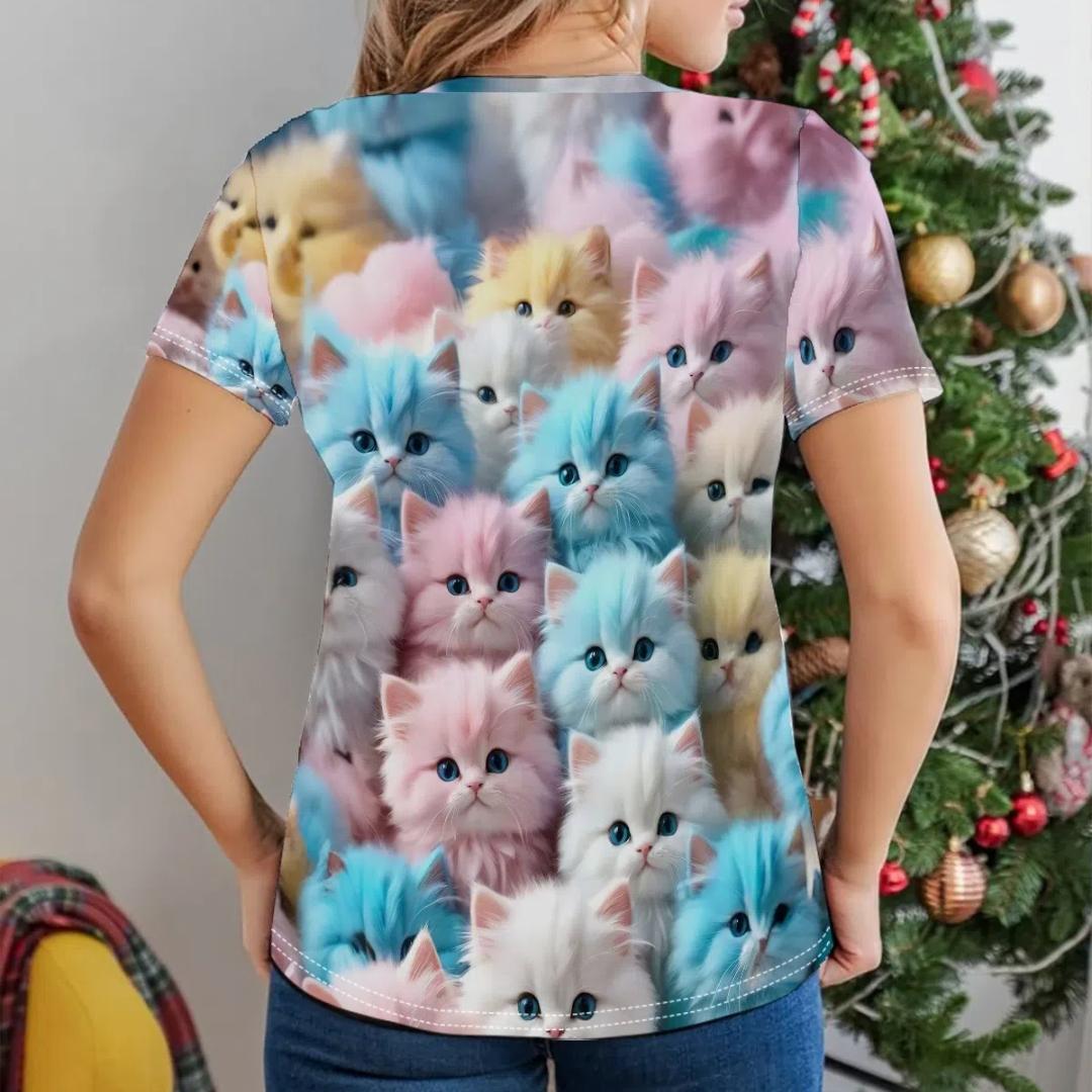 

Багато футболок із круглим вирізом із котячим принтом, повсякденний топ із круглим вирізом і короткими рукавами на весну й літо, жіночий одяг XS