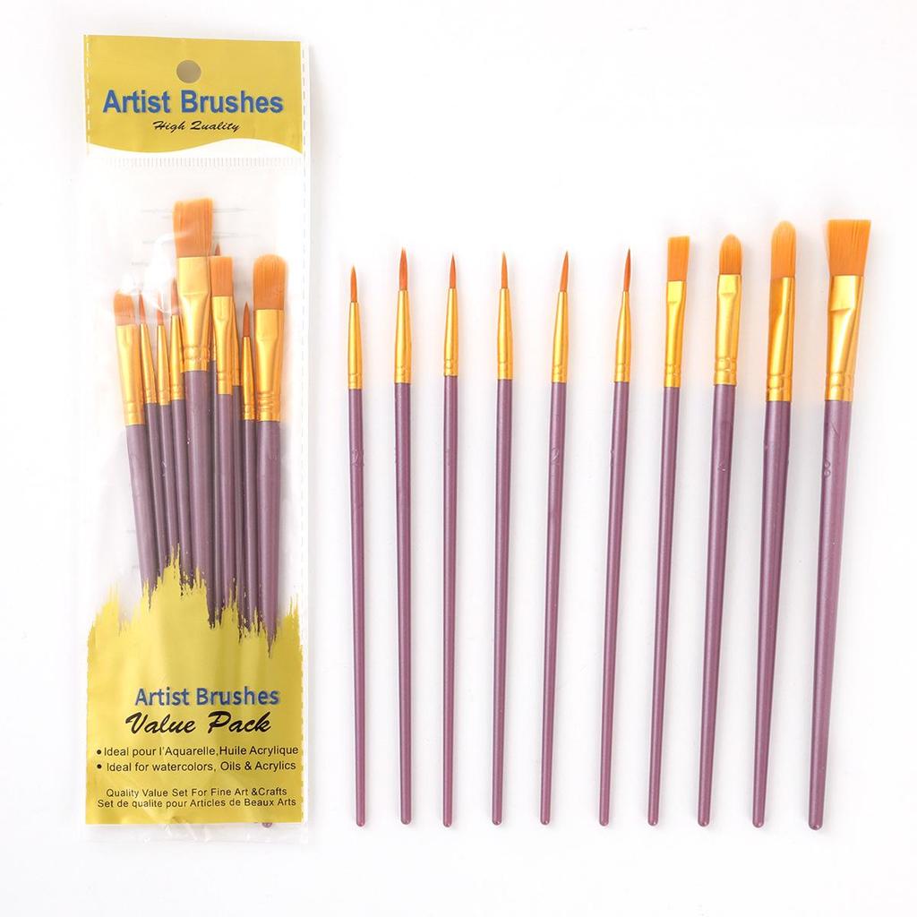 10-Piece Pearlescent Plastic Handle Nylon Hair Painting Brush Set for Kids - Ideal for Oil and Gouache Painting