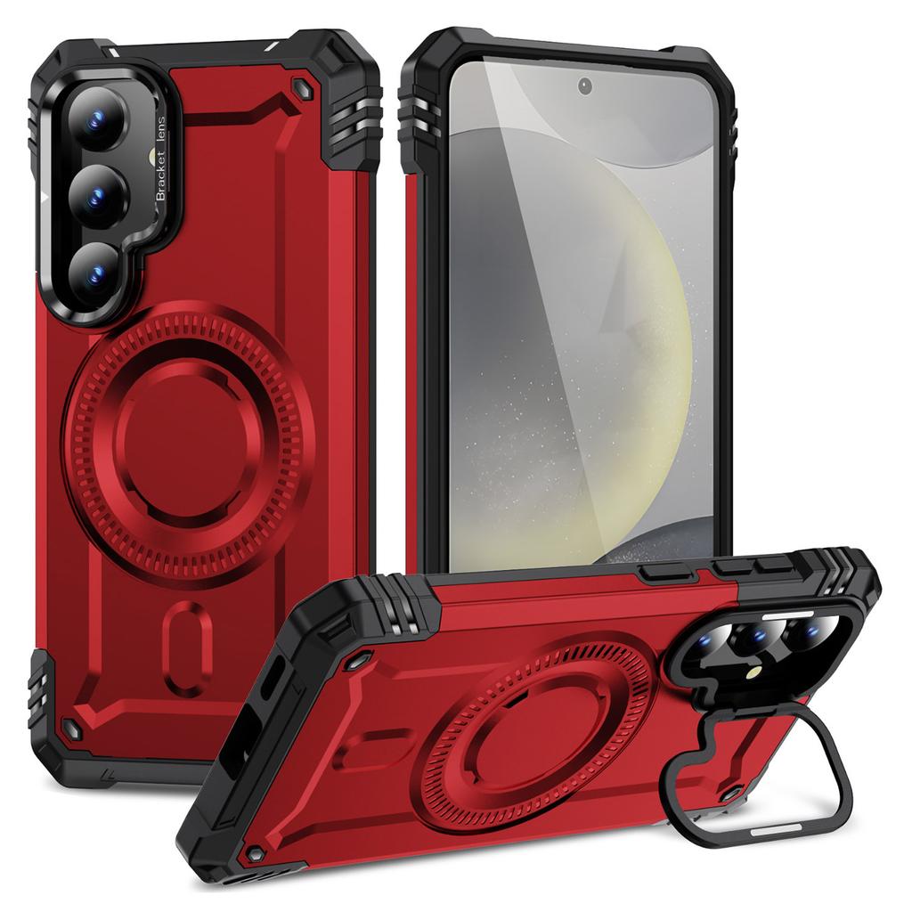For Samsung Galaxy S25 Magnetic Case Lens Kickstand PC + TPU Shockproof Phone Cover