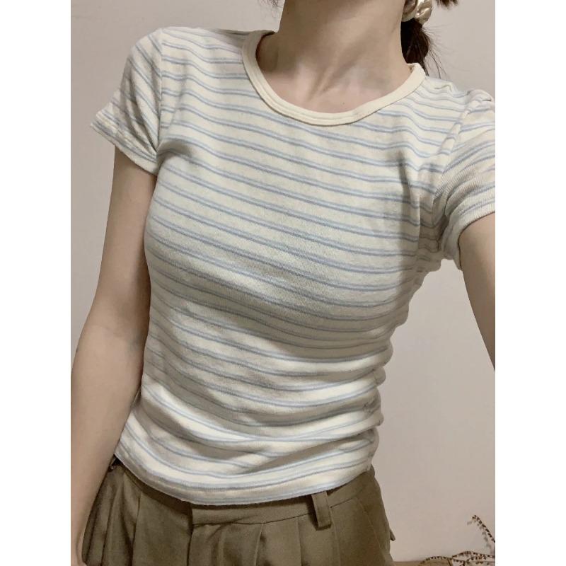 Summer Women's Striped T Shirt Crew Neck Short Sleeve Slim Fit Ribbed Knit Casual Tops