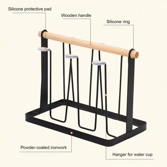 Iron Cup Drying Rack with Wood Handle & Drip Tray Baby Bottle Dryer Holder Space-Saving Countertop Organizer for Mugs