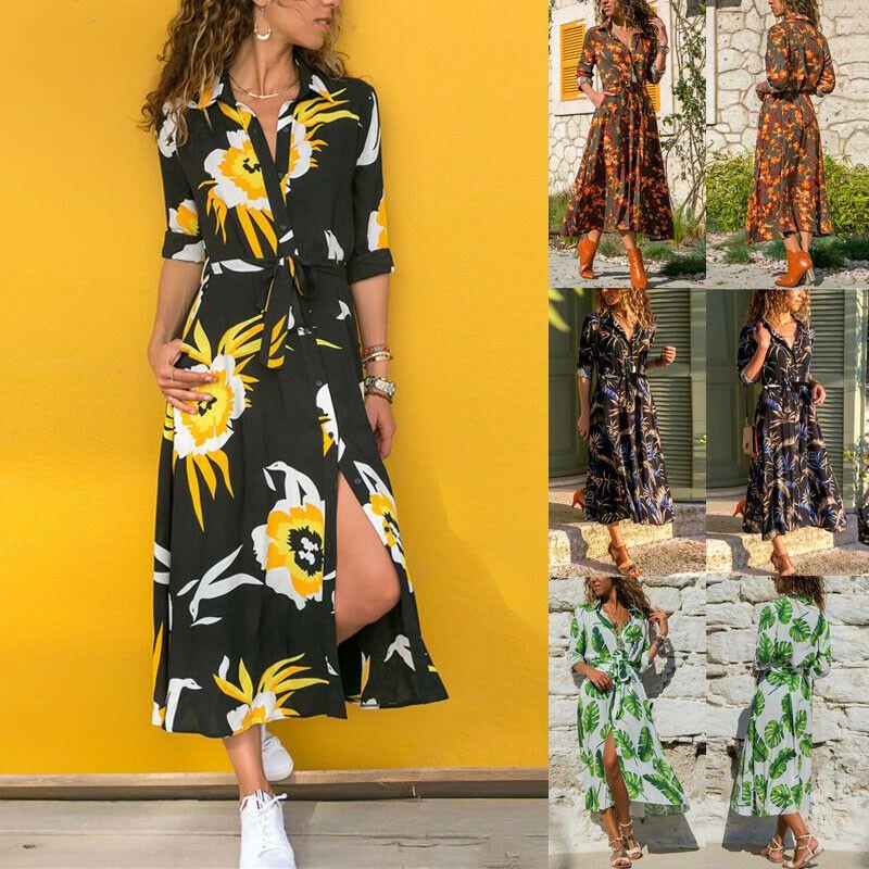 Elegant Women Long Sleeve Loose Split Maxi V-neck Button Shirt Dress Sundress