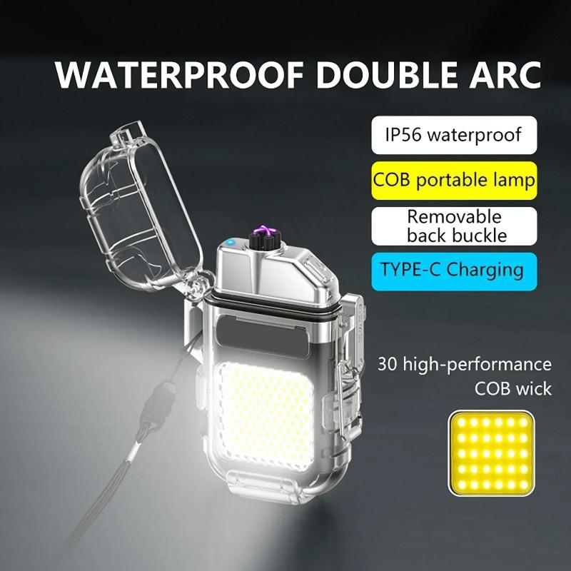 Outdoor Waterproof Mini COB Keychain Flashlight Pocket Dual Arc Lighter Type-C Rechargeable 3 Lighting Modes for Camping Multifunctional Work Light