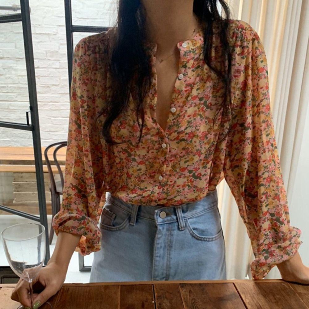 Loose Chiffon Floral Shirt Tops Round Neck Women's Chiffon Blouse Sweet Sweet Flower Shirts  Girl