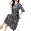 Cotton and linen printed dress women's summer temperament lace-up loose and thin medium and long dress