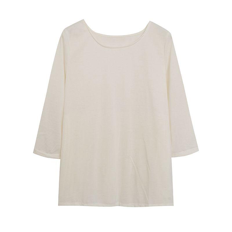 

[European and American Single] round Neck 3/4 Sleeve T-Shirt Women s Loose Back Pleated Bottoming Shirt Belly Covering Chiffon Tops White 10/12