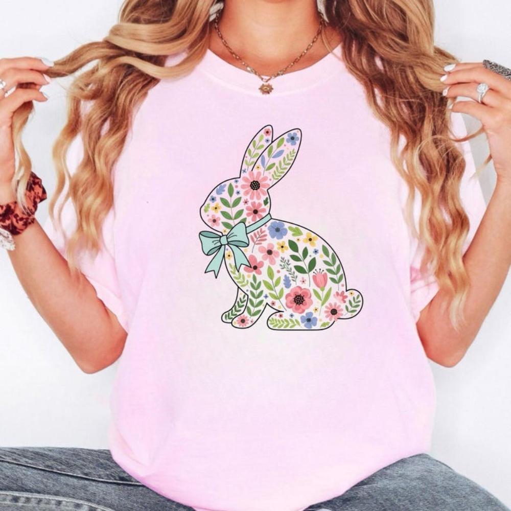 

Vintage Spring Rabbit Floral Easter Bunny Shirt Women Unisex Casual Cotton Graphic T Shirts Creative Streetwear Aesthetic S