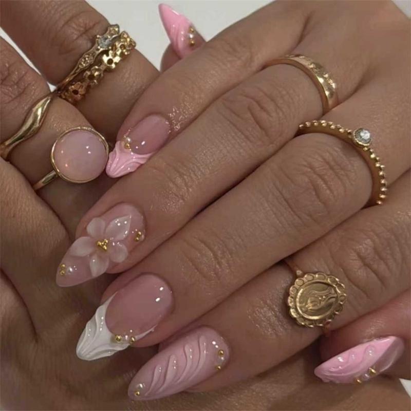 3D Embossed Floral False Nail Pink Flower Pattern Press On Nail Instantly Application Wedding Banquet Elegant Manicure