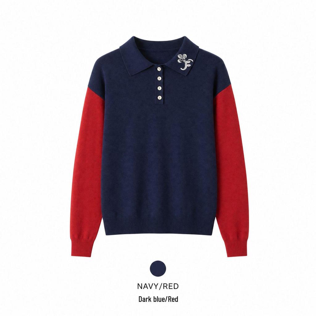 MU Women's Color Block Polo Neck Embroidery Knit Sweater - Long Sleeve, Autumn/Winter, Simple & Elegant.