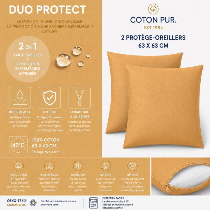 Lot de 2 taies d'oreiller "DuoProtect" avec technologie imperméable intégrée - 63 x 63 cm - DuoProtect Miel