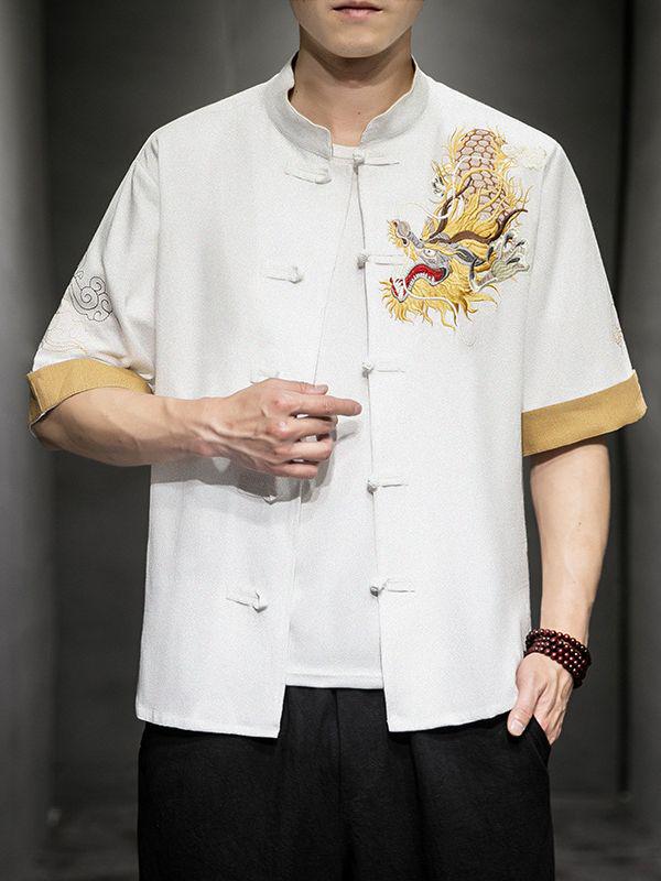 Men's Retro Dragon Embroidery Shirt with Frog Buttons - Casual Short Sleeve, Plus Size