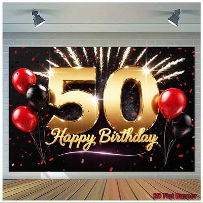 2D Gold Glitter 50th Birthday Photography Backdrop, Black Background Party Decor