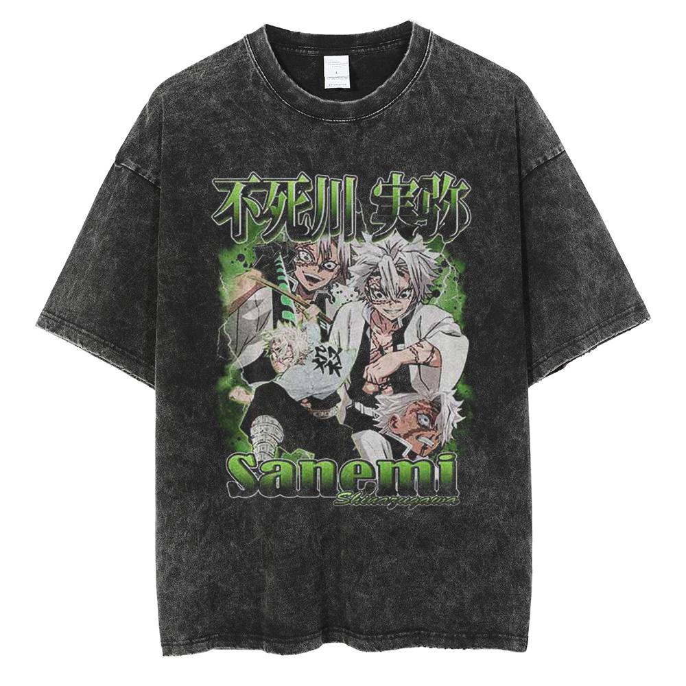 Hot Anime Demon Slayer Kokushibo Graphic Print Washed T Shirt Men Vintage Cotton Tshirts Manga Casual Tee Harajuku Male T-shirt
