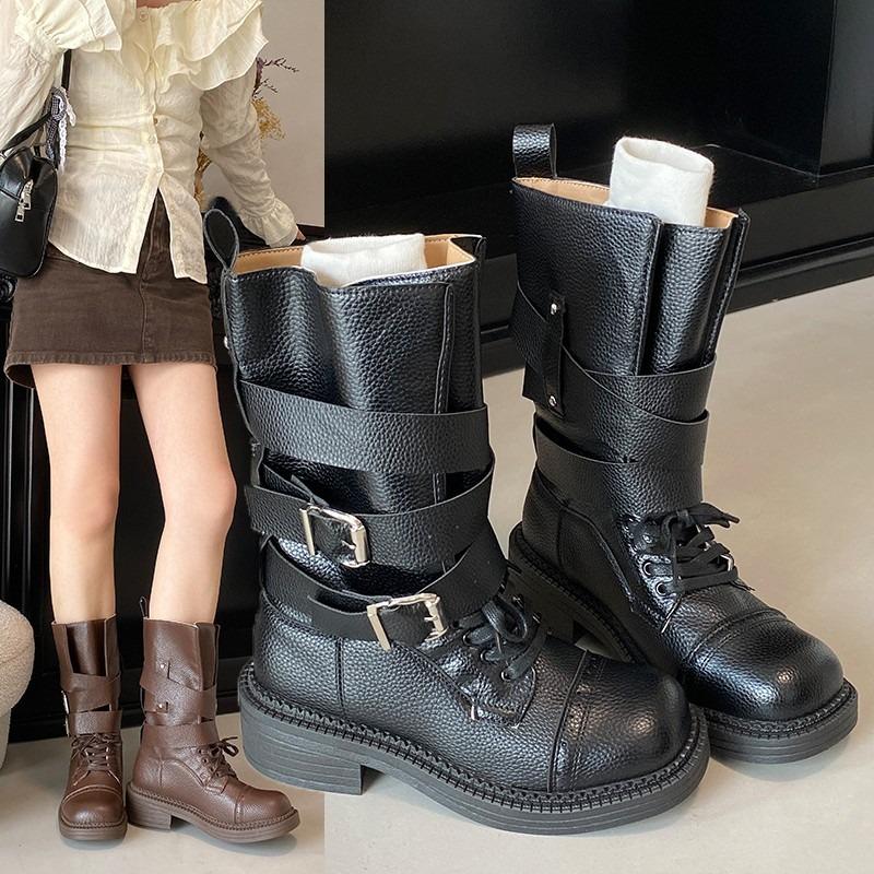 Autumn New Block Heel Single Boots Women's Fashion Round Toe Sleeve Metal Buckle Platform Non-slip Mid-leg Boots